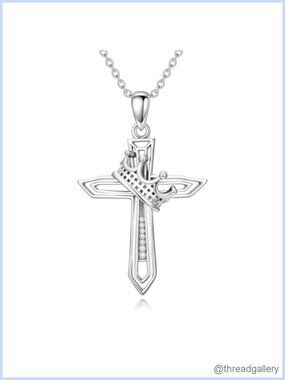 925 Sterling Silver Crown Cross Pendant Necklace Cubic Zirconia 18in
